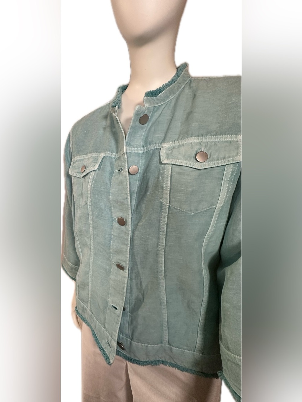 Chico's Sunwashed 3/4 Sleeve Jacket with Fringe Detail, Tibetan Aqua; NWT, Sz. M